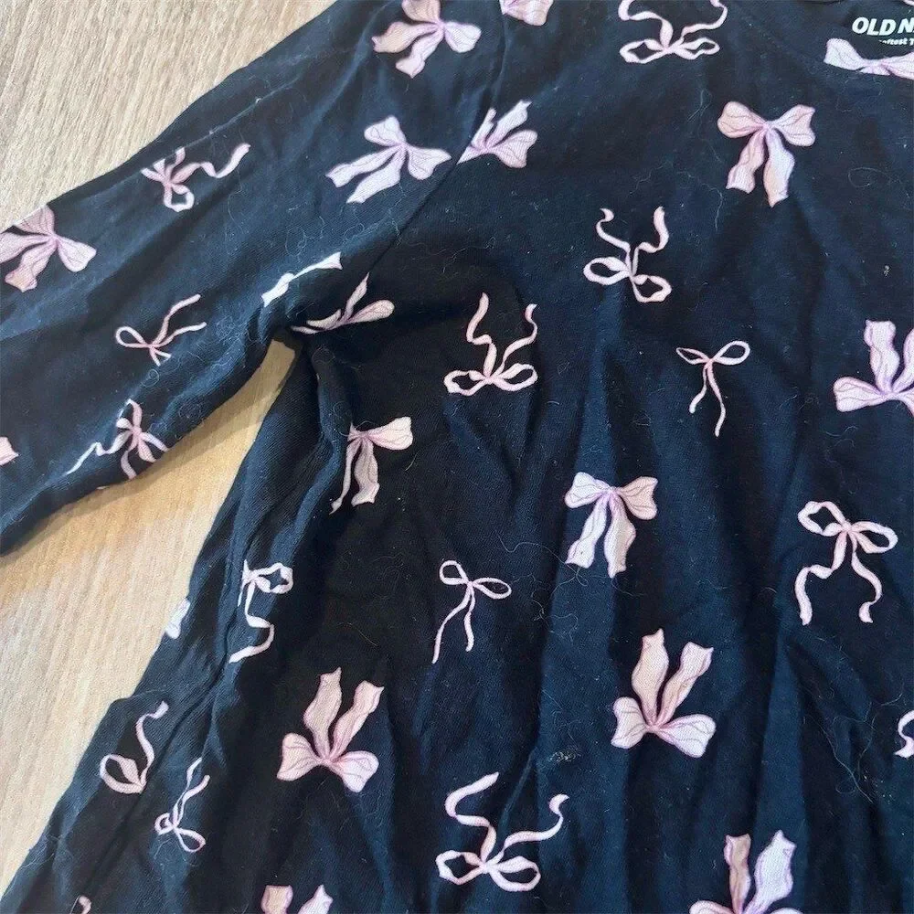 Old Navy Girls Long Sleeve Crew Neck T-Shirt Black Pink Bow Print Size M 8